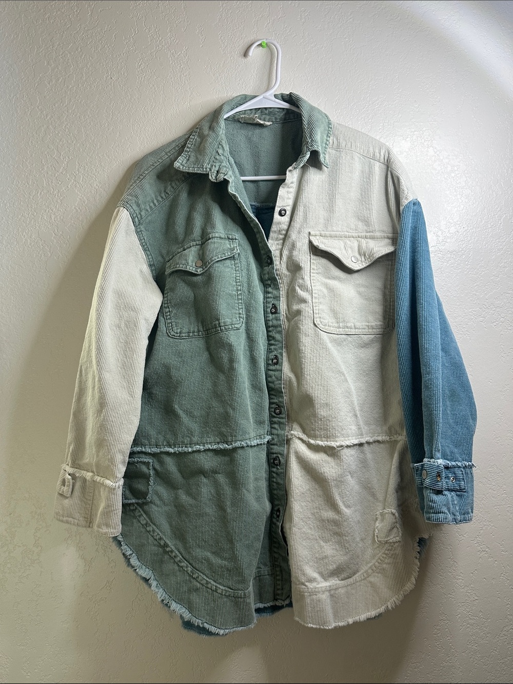 Peach Love California Colorblock Shirt Jacket in Sage, Cream & Blue